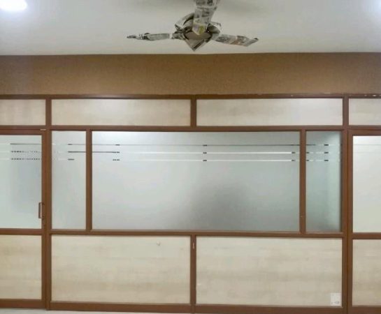 Glass and wood office partition